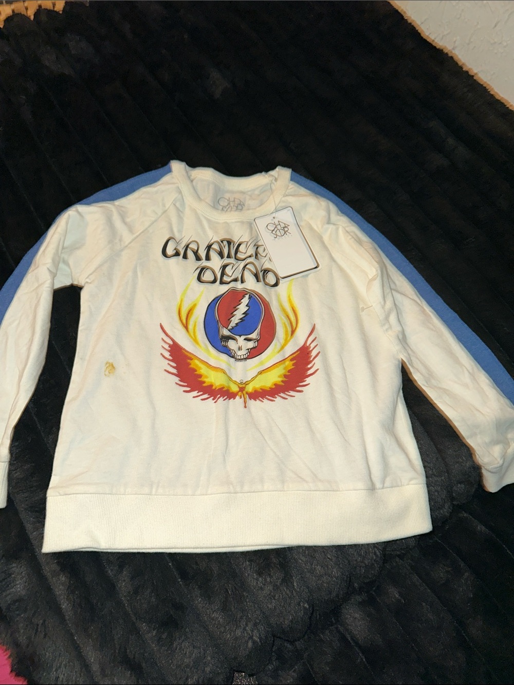White Kids Grateful Dead Graphic Sweatshirt with Blue Sleeves